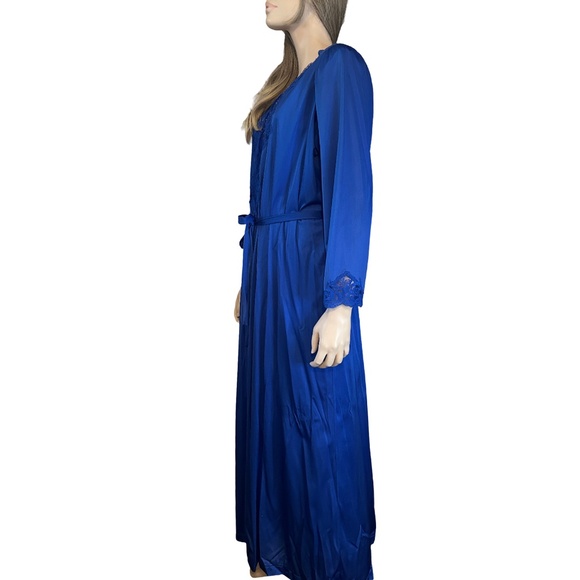 Olga Cobalt Blue Lingerie Set Negligee Full Sweep Nightgown Robe Lace Vtg 80s - Picture 11 of 16